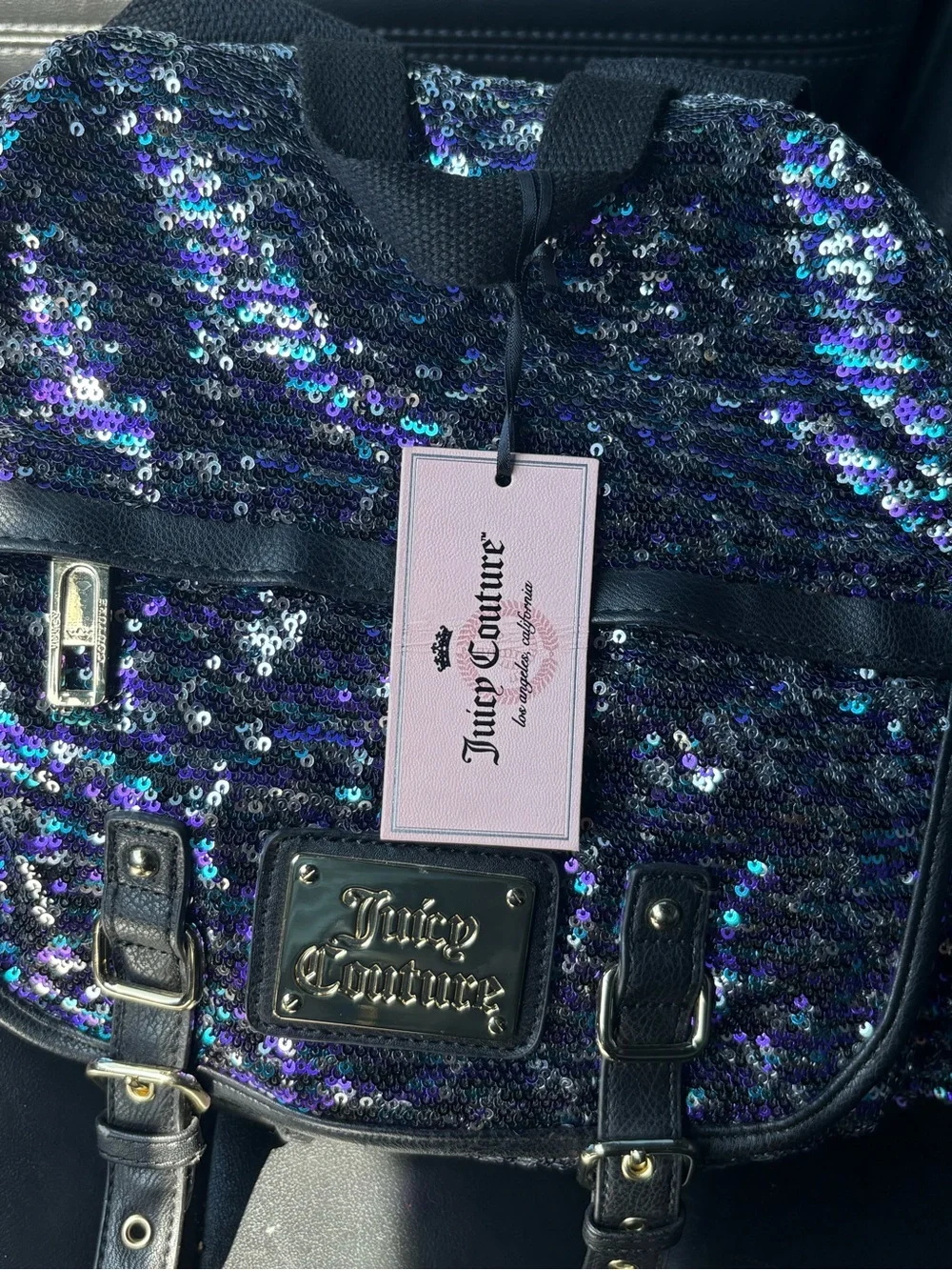 Juicy Couture Black Sequin Backpack with Iridescent Purple Blue Accents
